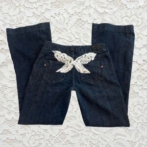 vintage express low rise bootcut flare jeans with lace butterfly detail